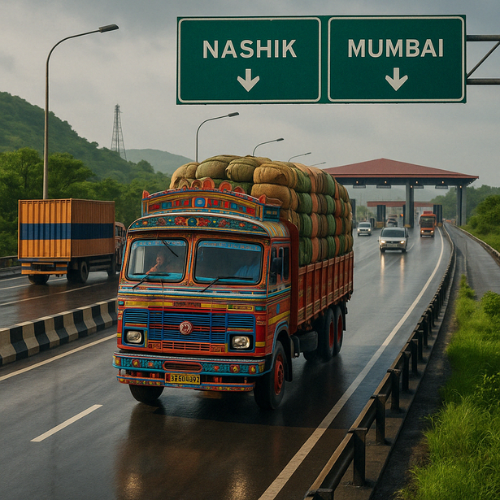 Colorful Indian goods truck on the Nashik-Mumbai highway delivering B2B shipments as part of Smart Supply Chain’s transportation services.